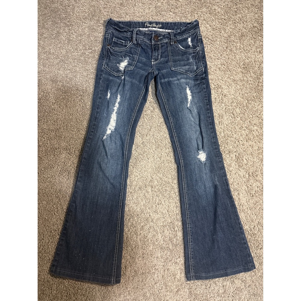 Amethyst Jeans Womens 3 Dark Wash Distressed Low Rise Flare Leg Denim Y2K